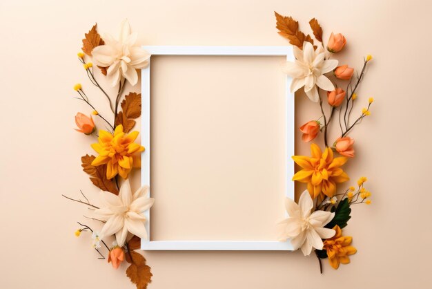 Witte lege frame omringd door gele witte en oranje bloemen op een beige achtergrond Mockup vakantie kaart