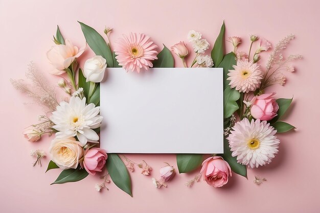 Foto witte lege kaart met pastelbloemen en lint op roze achtergrond