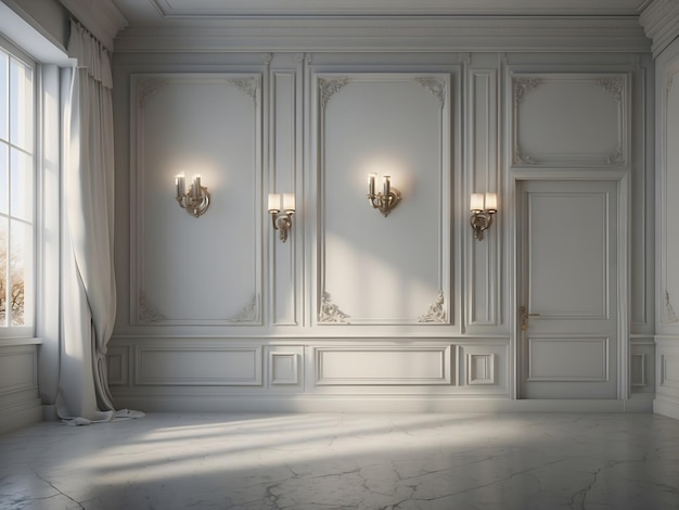 Witte lege kamer met stucwerk en sconces Klassieke interieur stijl