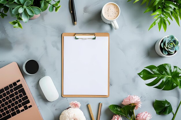 Witte lege klembord op een tafel met een laptopmuis en een kop koffie potplanten Concept van productiviteit en focus