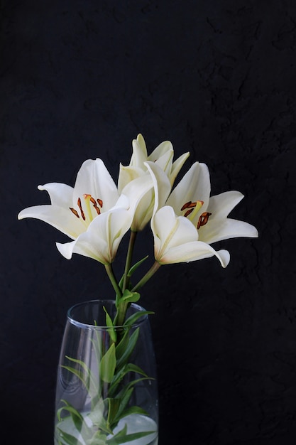 Witte lelie bloemen boeket op zwarte achtergrond.