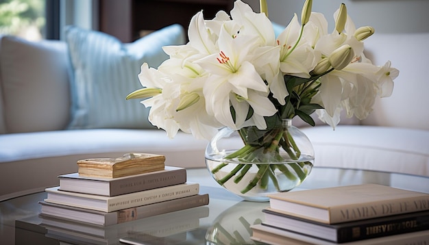 witte lelies in een glazen vaas op een tafel met boeken