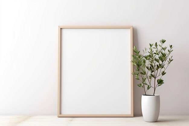 Foto witte lichte frame mockup met groene plant in een pot op een vloer frame met kopie ruimte minimalistisch