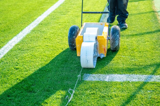 Witte lijnen op het voetbalveld getekend met witte verf op het gras met behulp van een speciale machine voor een wedstrijd