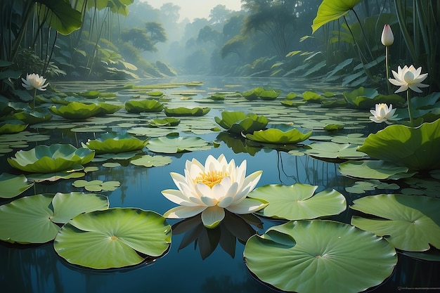 Witte lotusbloem en weelderig waterleliegebladerte op het wateroppervlak van natuurlijk meer