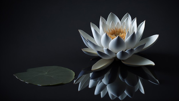 Witte lotusbloem op zwarte achtergrond met reflectie en kopieerruimte