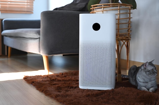 Witte luchtreiniger met digitaal beeldscherm en lieve kat in woonkamer Air Pollution Concept