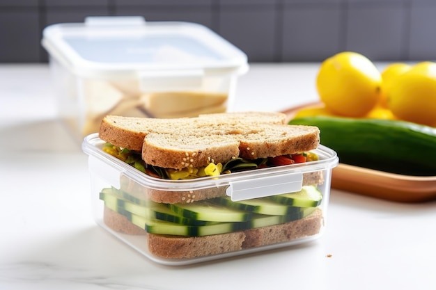Foto witte lunchbox met een sandwich belegd met augurken en mosterd