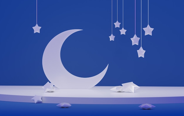 Witte maan met sterren, op een blauwe achtergrond. Gevallen sterren. 3D render