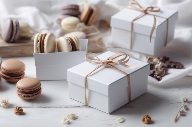Witte macarons in een doos Geschenk Macarons Generatieve AI