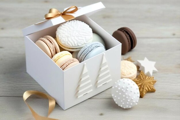 Witte macarons in een doos Geschenk Macarons Generatieve AI