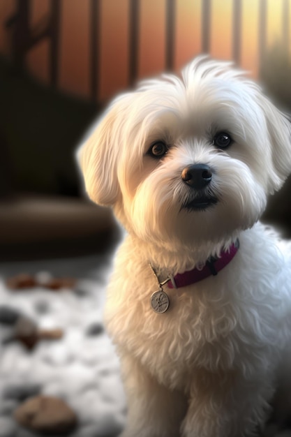 Witte maltease hond met halsband op onscherpe achtergrond gemaakt met behulp van generatieve AI-technologie