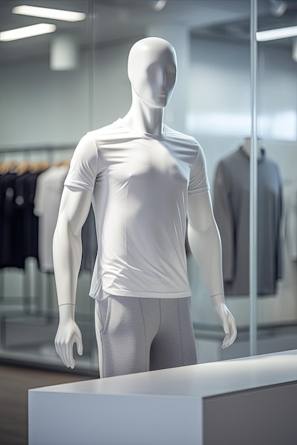 Foto witte mannequin in de winkel met wit t-shirt en grijze korte sport vibe neutrale toon licht zeer d
