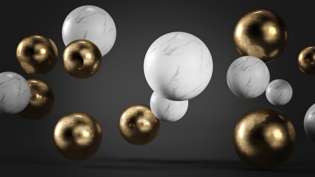 Witte marmeren en gouden bollen die 3d teruggevende achtergrond drijven