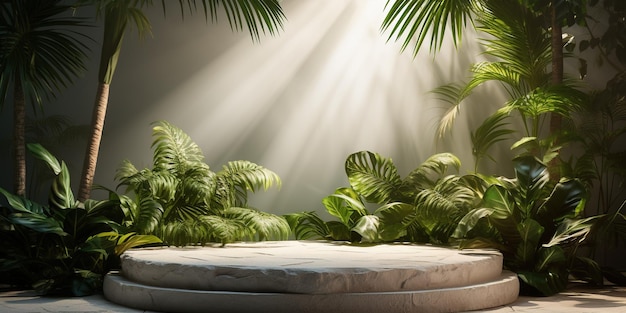 Witte marmeren stenen voetstuk showcase mock-up en palmbladeren met zonlicht en schaduw realistisch podium met tropische boom minimale achtergrond