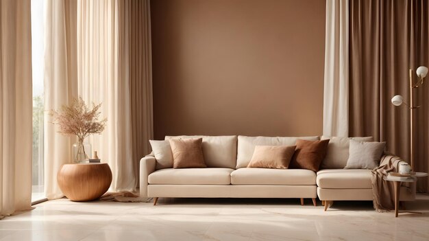 Foto witte marmeren vloer tegels in bruine muur hal luxe woonkamer met beige hoek bank zijtafel