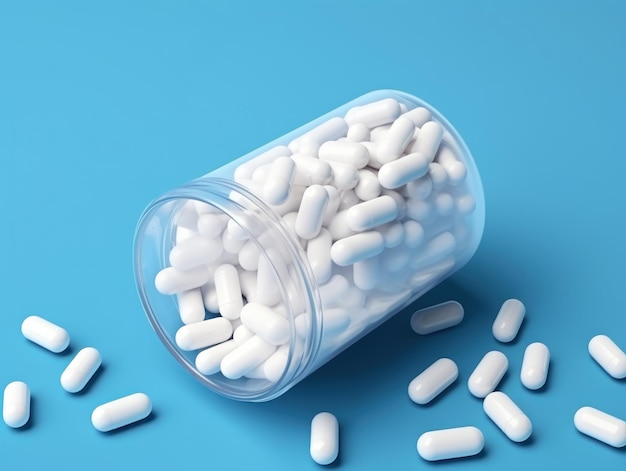 Witte medische pillen en tabletten uit een fles op blauwe achtergrond