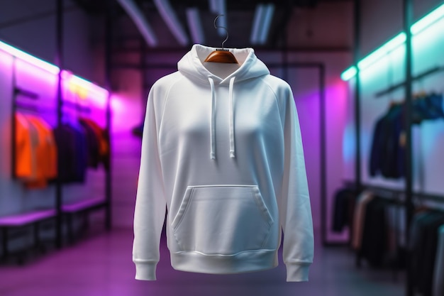 witte meisjes hoodie mockup hangt in een kledingwinkel