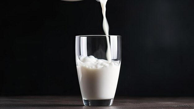 Witte melk die in een doorzichtige glazen beker wordt gegoten op een donkere achtergrond Het concept van gezonde en natuurlijke producten Generatieve AI