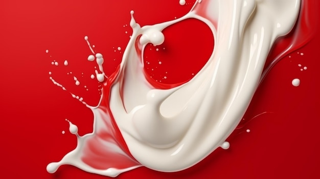 Witte melk splash geïsoleerd op rode achtergrond Witte vloeistof splash