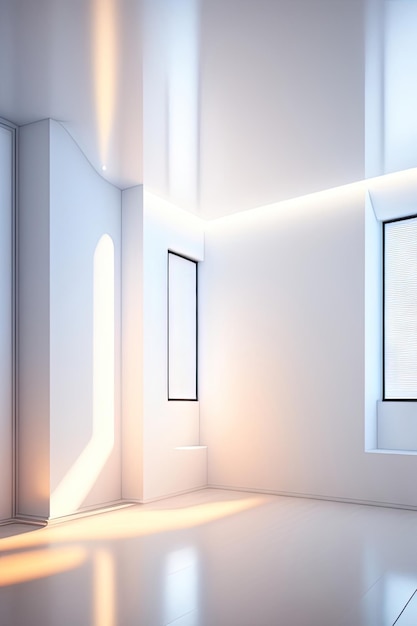 Witte, minimalistische kamer met blinde muren en zonlicht dat door de ramen naar binnen valt