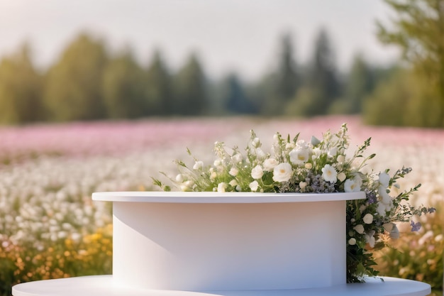Foto witte minimalistische moderne afgeronde podium met bloemen en bloemen achtergrond