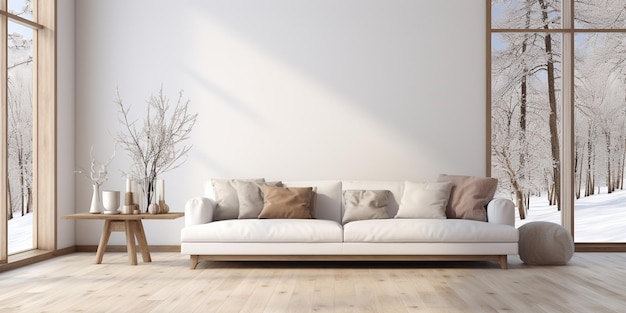 Witte minimalistische woonkamer interieur met bank op een houten vloer decor op een grote muur wit landschap in het raam Home Nordic interieur