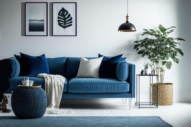 Witte minimalistische woonkamer met blauwe bank en rieten tapijt