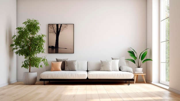 Witte minimalistische woonkamerinterieur met bank op een houten vloer Generatieve AI