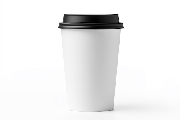 Witte mockup papieren beker voor warme koffie met zwart deksel geïsoleerd op witte achtergrond
