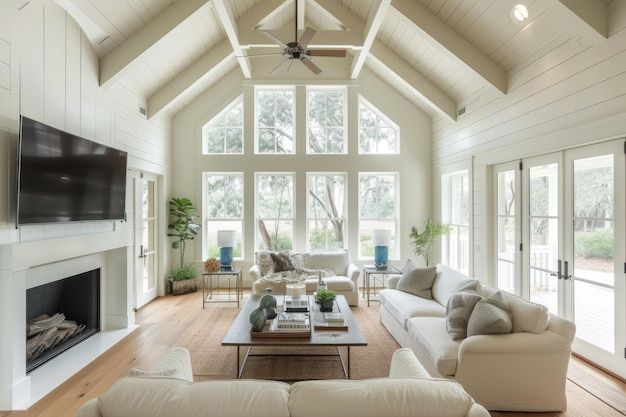 Witte moderne boerderij woonkamer met gewelfde plafonds ontwerp ideeën