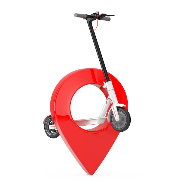 Witte moderne Eco elektrische kick scooter met rode kaart aanwijzer Pin op een witte achtergrond. 3D-rendering