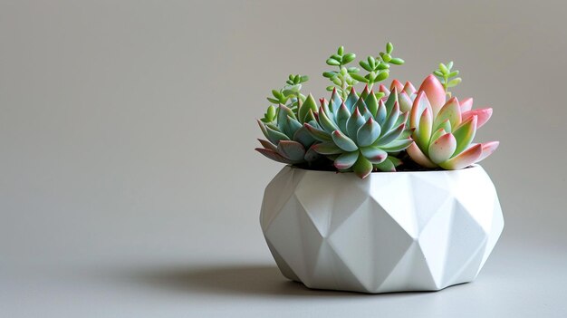 witte moderne geometrische planter met succulenten op lichtgrijze achtergrond