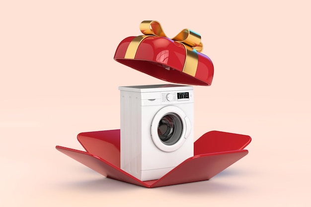 Witte moderne wasmachine in geopende rode geschenkdoos met gouden lint 3D-rendering