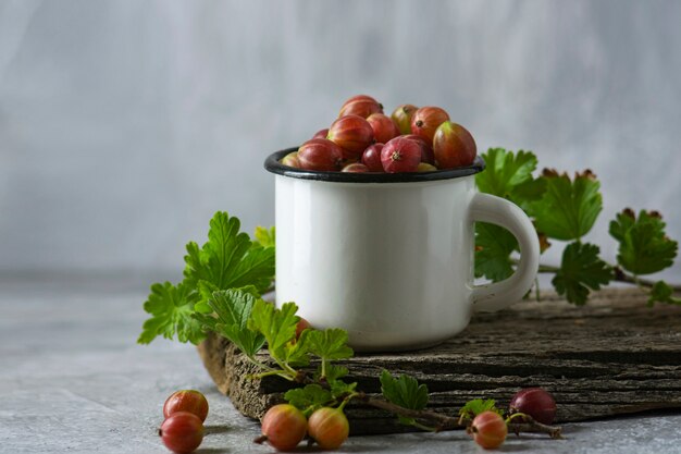 Witte mok met kruisbessen op een oud bord.