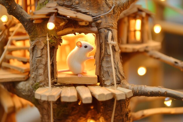 Witte muis zit in een houten huis met lichten op de achtergrond