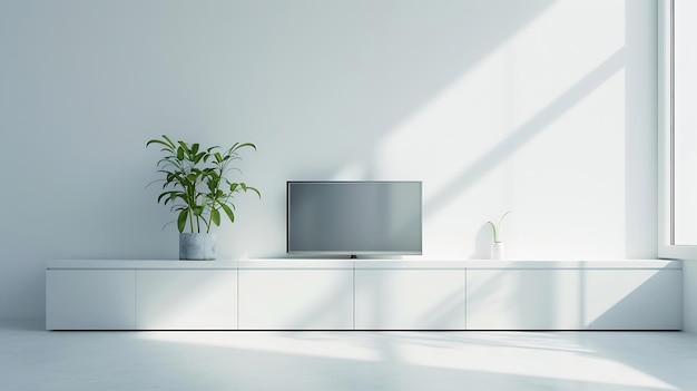 Witte muur achtergrond minimale woonkamer interieur met een tv-kast Generatieve AI