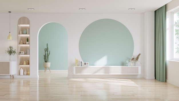 Witte muur gemonteerde tv op kast minimalistisch interieur op lege witte en pastelblauwe kleur muur achtergrond3d rendering