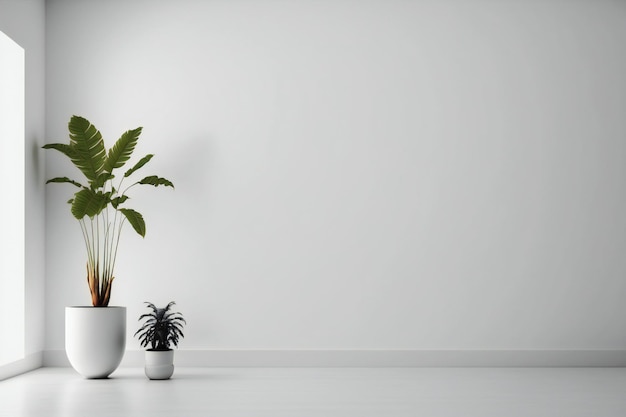 witte muur lege kamer met planten op een vloer, 3D-rendering in minimalistische stijl