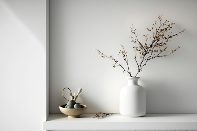 Witte muur met een vaas met mooie gedroogde takken