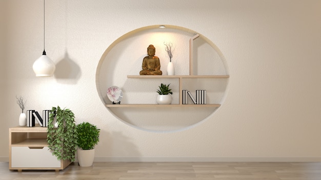 Witte muur mock up lege ruimte met boek en vaas en planten op kabinet, decoaration op plank muur ontwerp Japanse stijl.