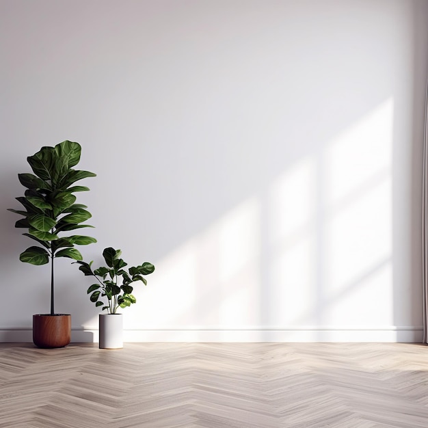 Witte muur mockup plant en houten vloer