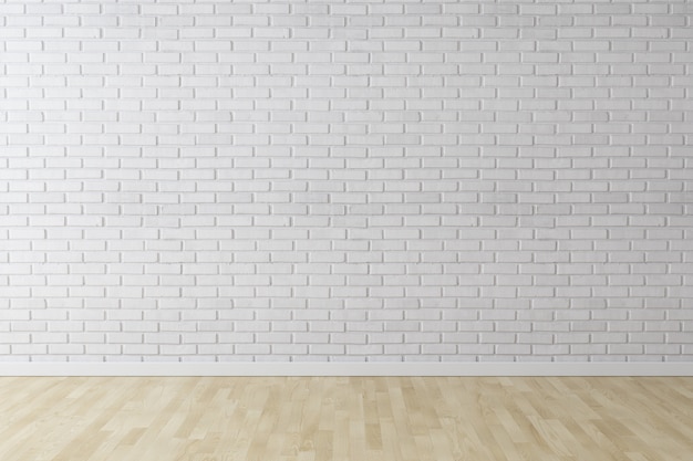 Witte muurbaksteenachtergrond met houten vloer