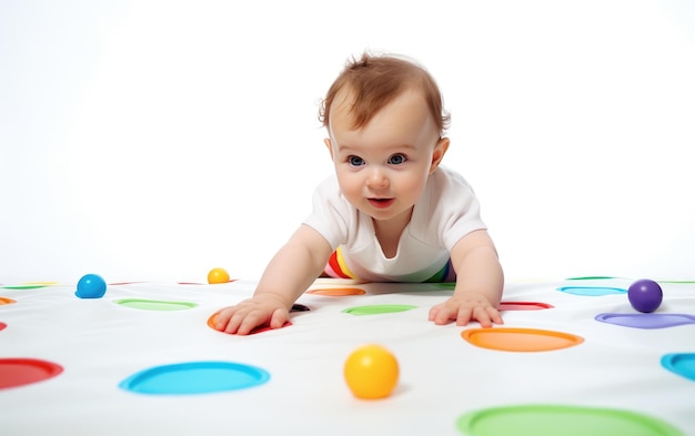 Witte nieuwsgierige baby die een kleurrijke speelmat-close-up onderzoekt die op witte achtergrond wordt geïsoleerd