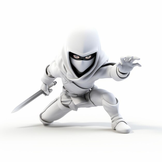Foto witte ninja-personage in highspeed sync poseert een monochromatische nanopunk-snijwerk