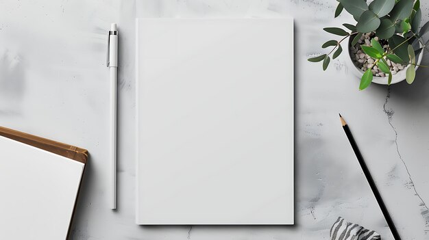 Witte notitieboek met een pen en een potlood op een marmeren tafel