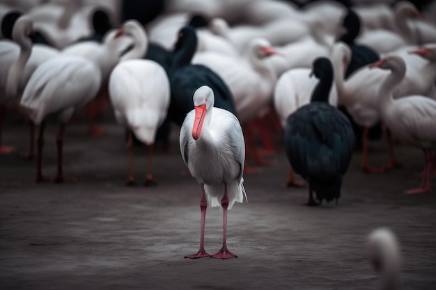 Witte ooievaar in een zwerm zwart-witte ooievaars Opvallend in de menigte een witte vogel die opvalt tussen anderen AI gegenereerd