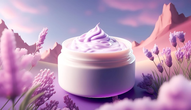 Witte open pot met gezichtscrème textuur met lavendel bloemen achtergrond