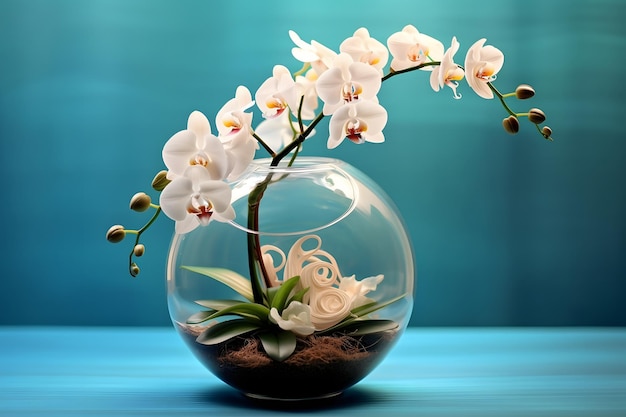 Witte orchidee in een glazen vaas op een blauwe achtergrond