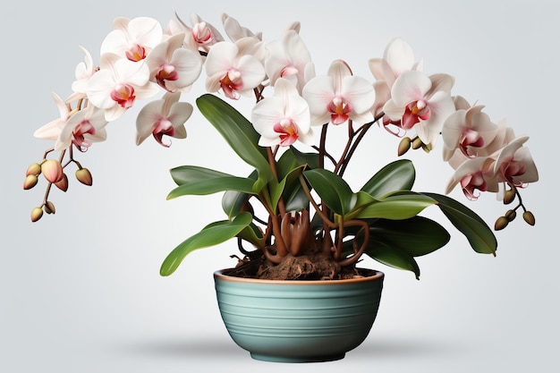 Witte orchidee in een pot op een grijze achtergrond